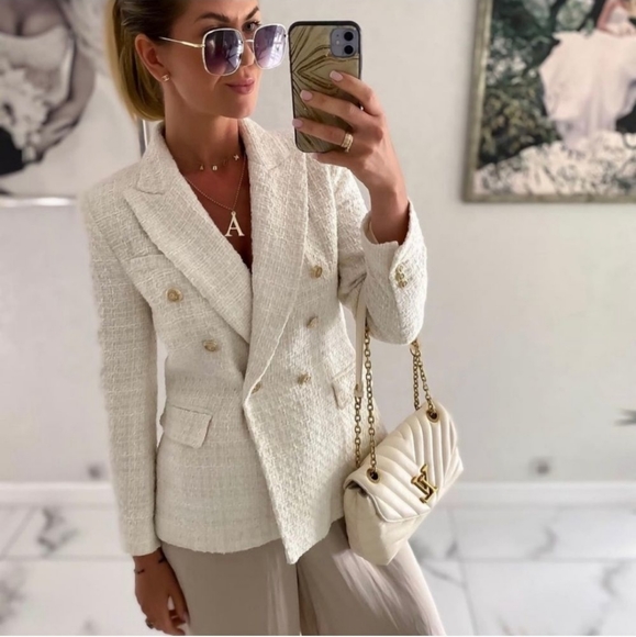 ZARA Tweed Textured Double Breasted Blazer gold buttons size S - Picture 6 of 16